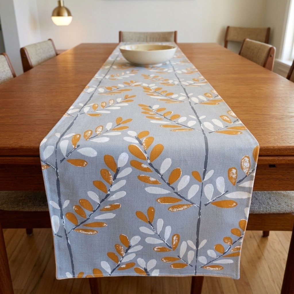 Runner da tavolo Scandi Sprig Mandarino Arancione Grigio Design, Runner da tavolo grigio UK 48" 54" 60" 64" 72" 84" 96" 104" Fatto a mano 100% cotone