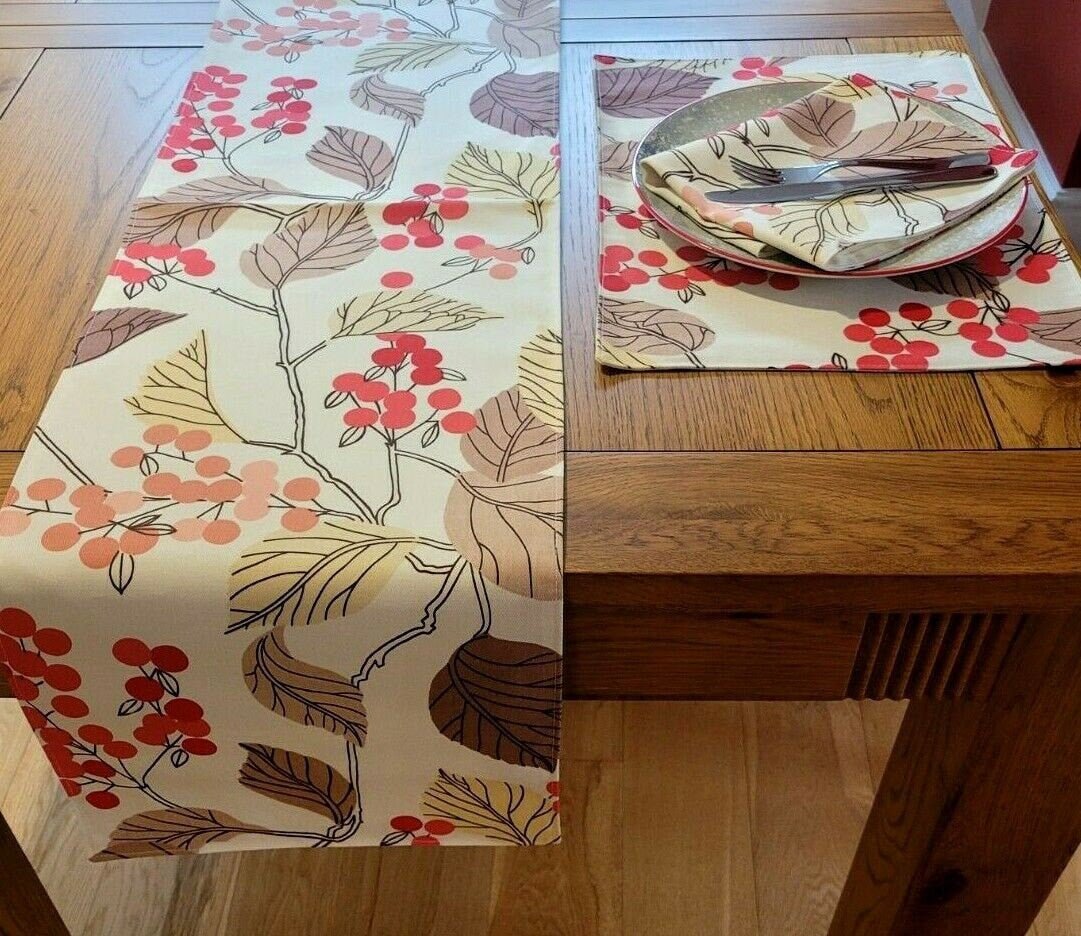 Christmas Fabric Placemats , Christmas Napkins Red Beige Berry Leaf Design 100% Cotton Handmade - CushionCoverAndDecor