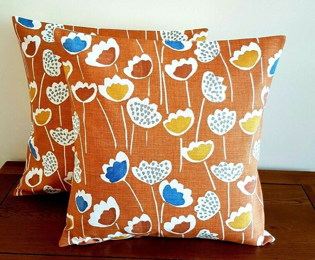 Cushion Cover 10" 12" 14" 16" 17" 18" 20" 22" 24" 26" Prestigious Textiles Meeko Clara Mango Orange Blue Floral Design Handmade 100% Cotton - CushionCoverAndDecor
