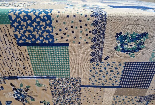 Floral Patchwork Tablecloth, Blue Vintage Cotton Linen
