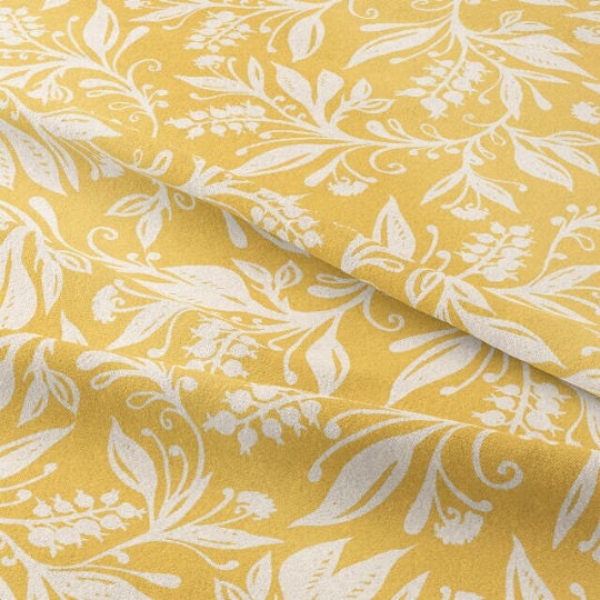 Floral Leaves Oxford Cotton Tablecloth , Ochre Yellow , Oval Round Rectangle
