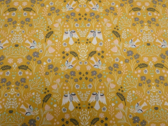 Folklore Birds Floral Ochre Yellow Tablecloth , Flowers Tablecloth , Floral Tablecloth , Round Rectangle Tablecloth , Oval Tablecloth