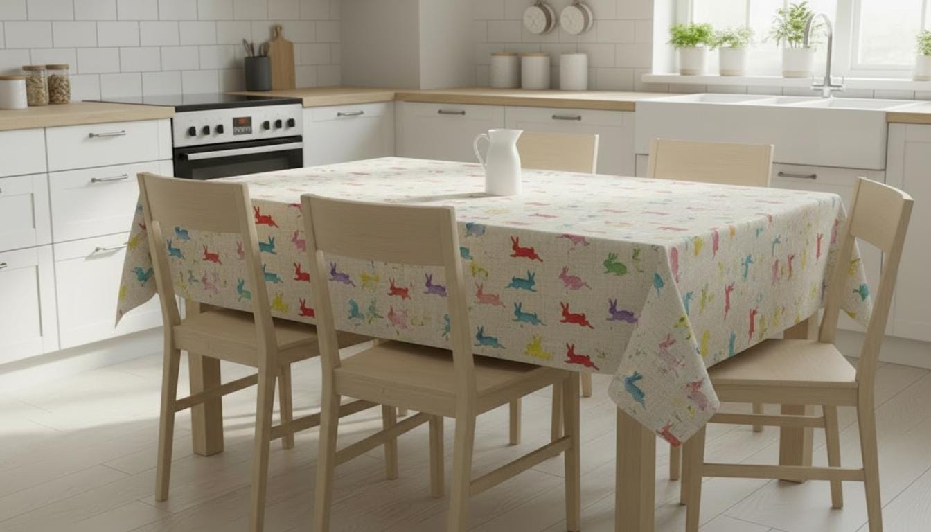 Rainbow Bunny Easter Tablecloth, Handmade Cotton Linen, UK Made