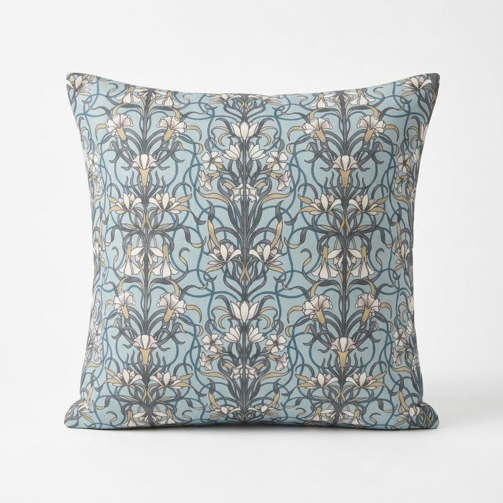 Arts & Crafts Style Floral Duck Egg Blue Cushion Cover