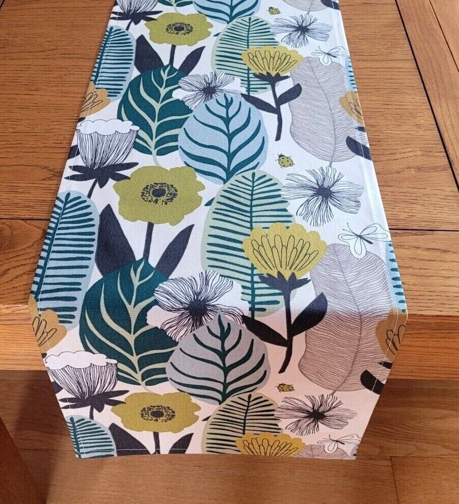 Table Runner Blooma Floral Spruce Green Teal Design , Leaves Table Runner , Table Runner UK 36" 48" 54" 60" 64" 72" 84" 96" 104" - CushionCoverAndDecor