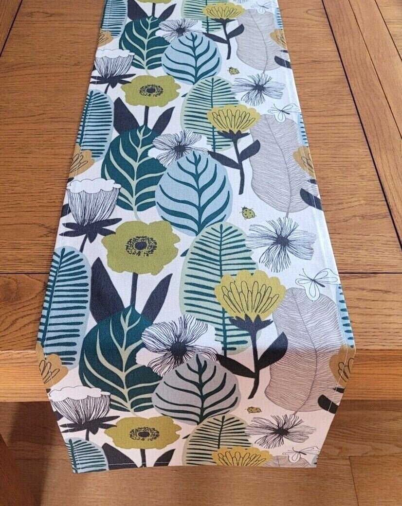 Table Runner Blooma Floral Spruce Green Teal Design , Leaves Table Runner , Table Runner UK 36" 48" 54" 60" 64" 72" 84" 96" 104" - CushionCoverAndDecor