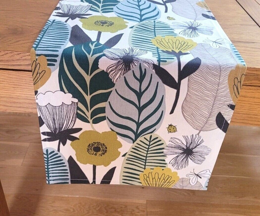Table Runner Blooma Floral Spruce Green Teal Design , Leaves Table Runner , Table Runner UK 36" 48" 54" 60" 64" 72" 84" 96" 104" - CushionCoverAndDecor
