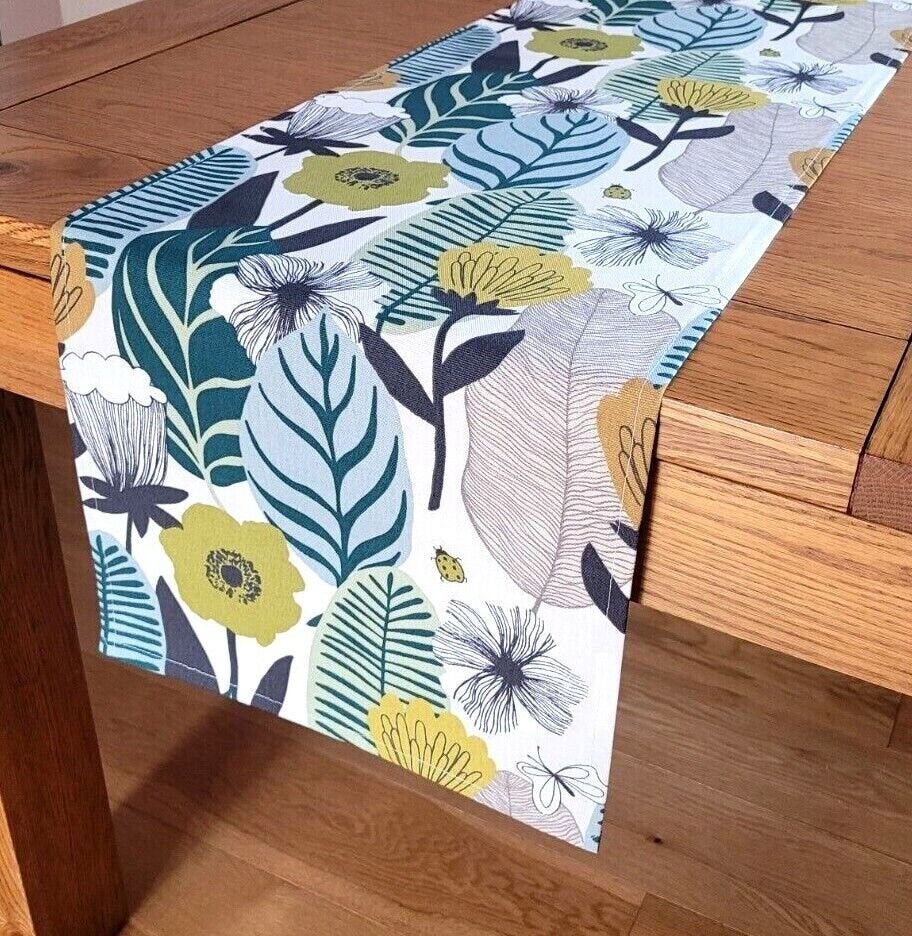 Table Runner Blooma Floral Spruce Green Teal Design , Leaves Table Runner , Table Runner UK 36" 48" 54" 60" 64" 72" 84" 96" 104" - CushionCoverAndDecor