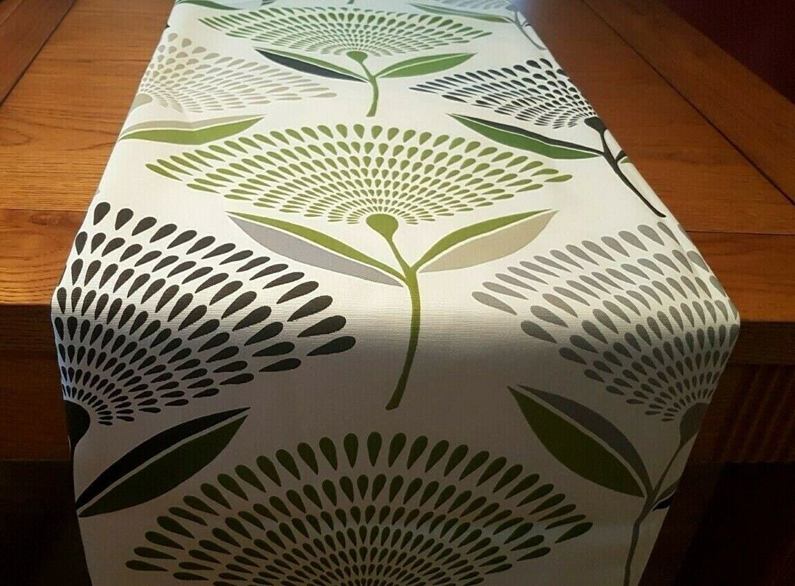 Table Runner Lime Green Grey Dandelion Design 36" 48" 54" 60" 64" 72" 84" 96" 104" Prestigious Textiles 100% Cotton Handmade - CushionCoverAndDecor