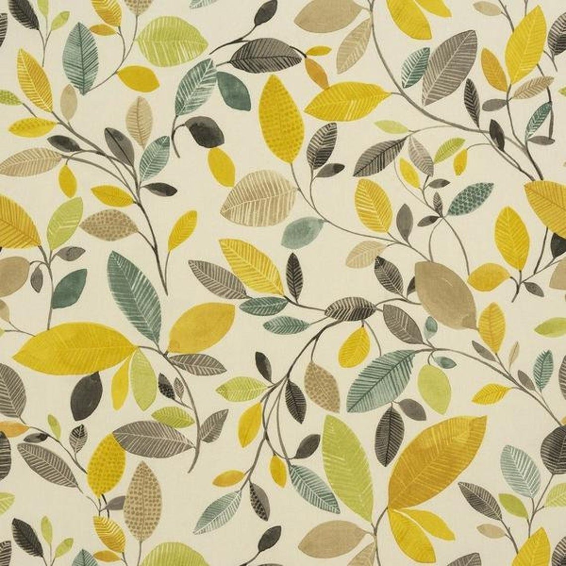 Tablecloth Ochre Green Grey Leaf Fryetts Molveno Design 100% Cotton Handmade - CushionCoverAndDecor