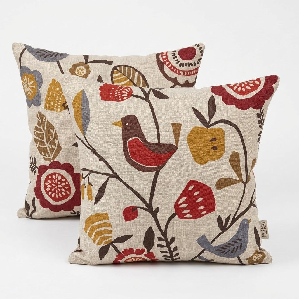 Scandi Bird Floral Folki Indigo Cranberry Cushion Cover