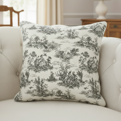 Schwarzer Vintage-Kissenbezug im französischen Toile-de-Jouy-Muster