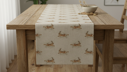 Tischläufer, Servietten mit springenden Hasen, Naturbeige-Design, Ostertischläufer, Größen: 91 cm, 122 cm, 137 cm, 152 cm, 163 cm, 183 cm, 213 cm, 244 cm, 264 cm, Handgefertigt aus 100 % Baumwolle
