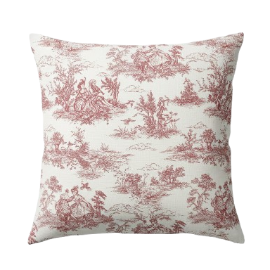 Roter Vintage-Kissenbezug aus französischem Toile-de-Jouy-Muster