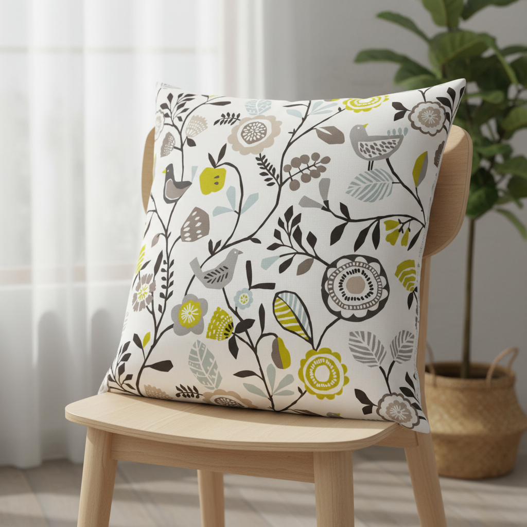 Folki Scandi Bird Floral Chartreuse Charcoal Cushion Cover