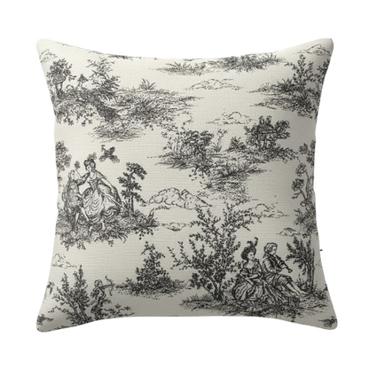Schwarzer Vintage-Kissenbezug im französischen Toile-de-Jouy-Muster