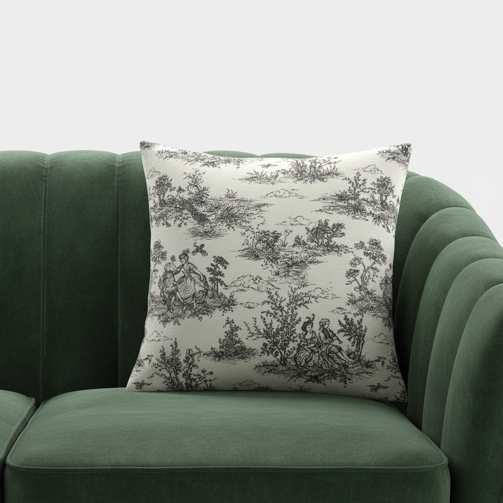 Schwarzer Vintage-Kissenbezug im französischen Toile-de-Jouy-Muster