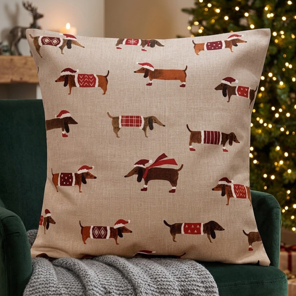 Christmas Cushion Cover Sausage Dog , Sausage Dog Pillow cover , Dogs  Pillow  , Cushion Cover UK  10" 12" 14" 16" 17" 18" 20" 22" 24" 26"