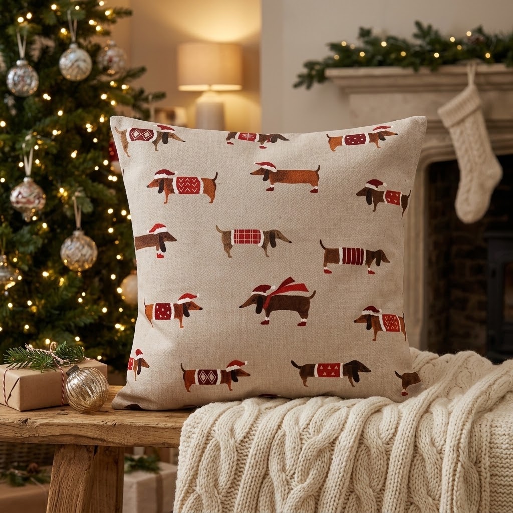 Christmas Cushion Cover Sausage Dog , Sausage Dog Pillow cover , Dogs  Pillow  , Cushion Cover UK  10" 12" 14" 16" 17" 18" 20" 22" 24" 26"