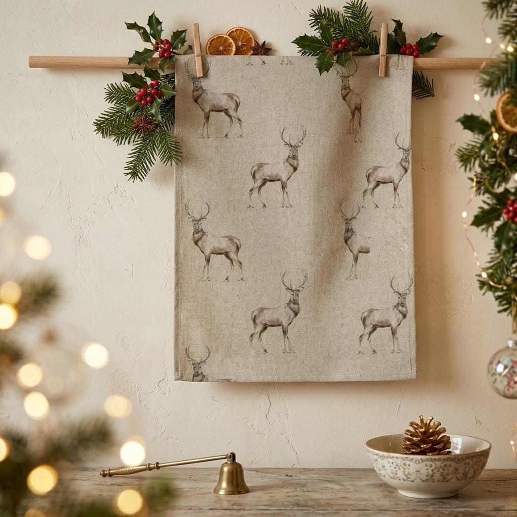 Weihnachts-Geschirrtücher, Küchentücher mit Hirschkopf- und Hirschmotiv, Wildtierdesign, Fryetts, 100 % Baumwolle, handgefertigt