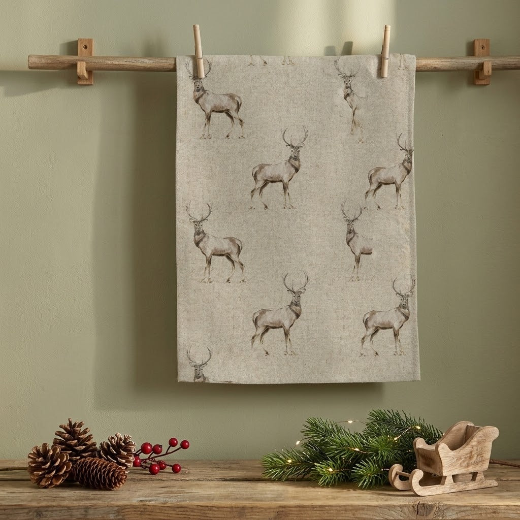 Weihnachts-Geschirrtücher, Küchentücher mit Hirschkopf- und Hirschmotiv, Wildtierdesign, Fryetts, 100 % Baumwolle, handgefertigt