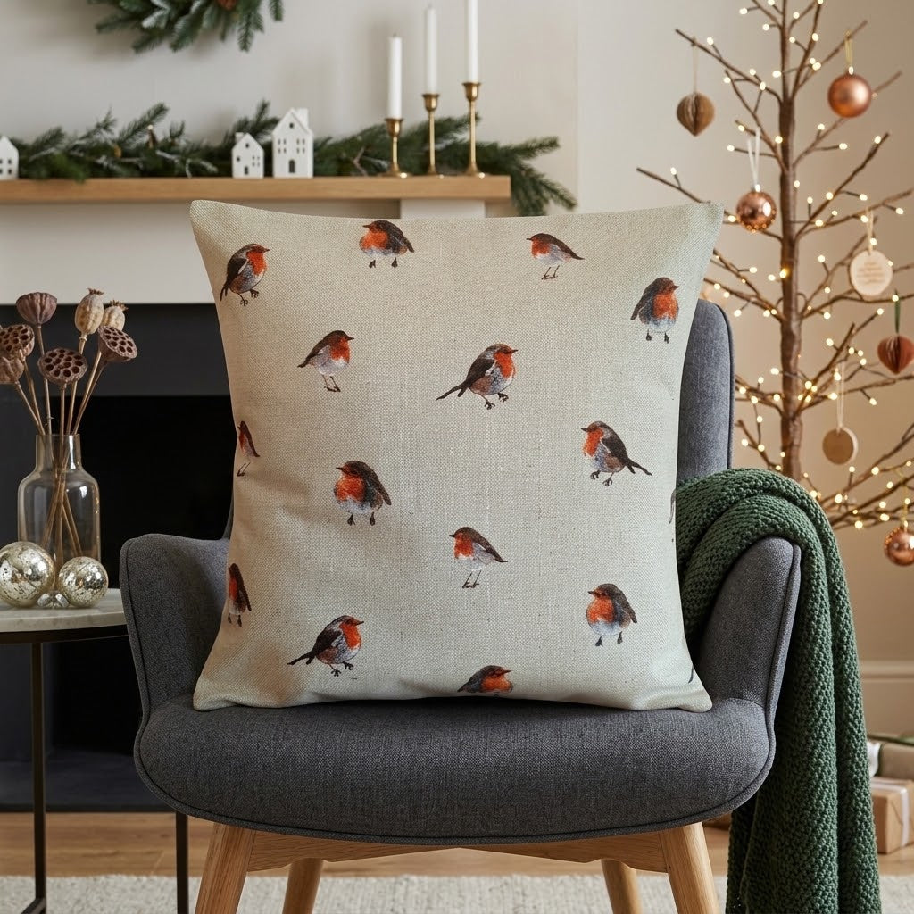 Festive Christmas Robin Cushion Cover