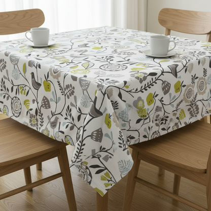 Folki Scandi Bird Floral Chartreuse Charcoal Tablecloth
