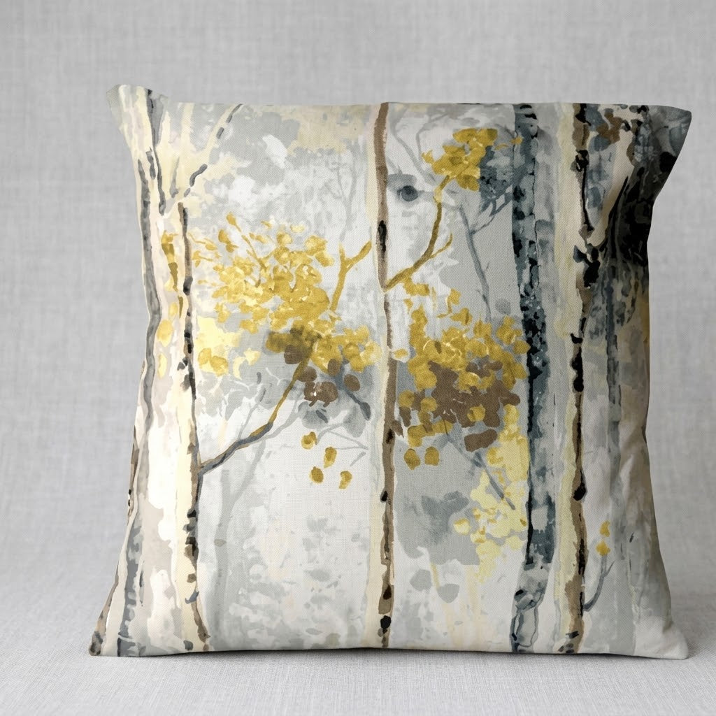 Silver Birch Tree Shadows Grey & Yellow Cushion Cover
