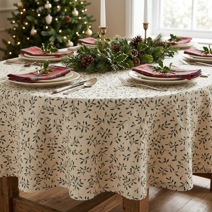 Christmas Holly & Berries Natural Cotton Tablecloth
