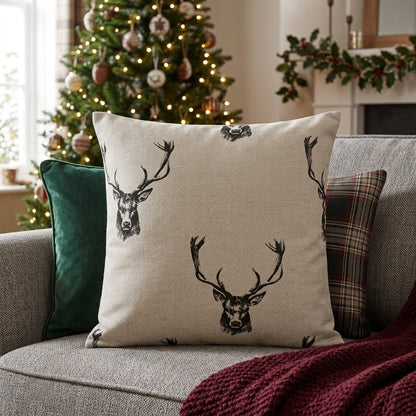 Rustic Stag Head Taupe Christmas Cushion Cover