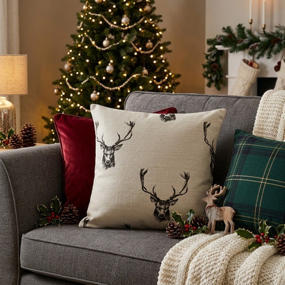 Rustic Stag Head Taupe Christmas Cushion Cover