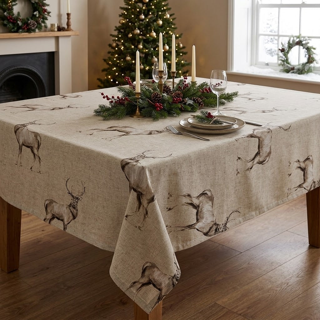 Christmas Stags Tablecloth , Glencoe Stags Tablecloth  , Festive Tablecloth , Round Oval Rectangle Tablecloth , Christmas Napkins