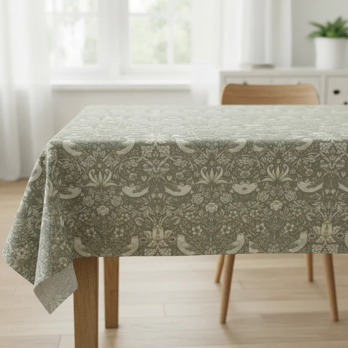 William Morris Strawberry Thief Natural Coated Tablecloth - Water Resistant Outdoor Indoor