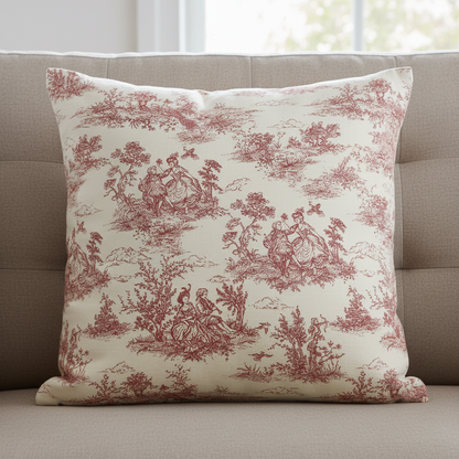 Roter Vintage-Kissenbezug aus französischem Toile-de-Jouy-Muster