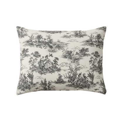 Schwarzer Vintage-Kissenbezug im französischen Toile-de-Jouy-Muster