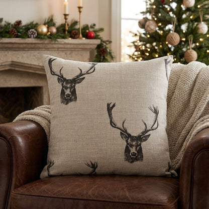 Rustic Stag Head Taupe Christmas Cushion Cover