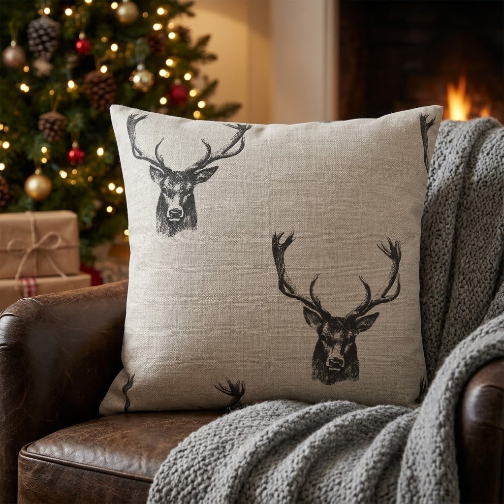 Rustic Stag Head Taupe Christmas Cushion Cover