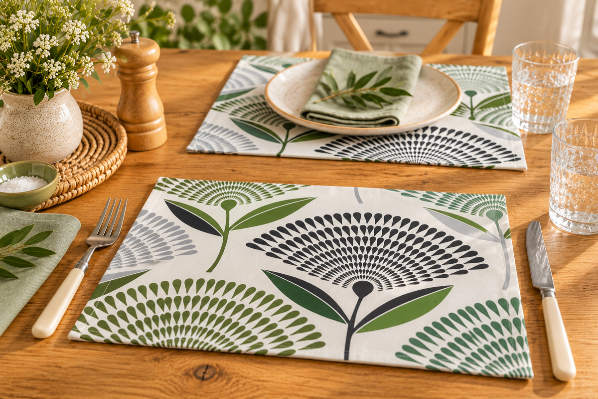 Dandelion Lime Green Fabric Placemats – Handmade Cotton Table Mats