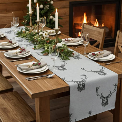 Christmas Stags Head Rustic Taupe Table Runner Napkins