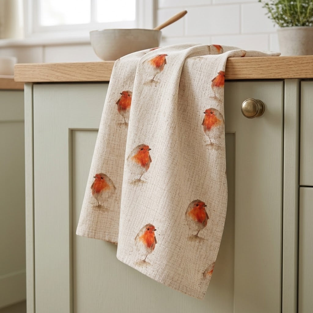 Christmas Robin Tea Towel – Natural Beige Linen Look Kitchen Towel
