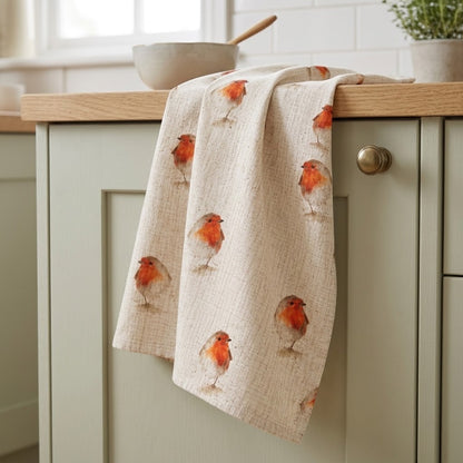 Christmas Robin Tea Towel – Natural Beige Linen Look Kitchen Towel