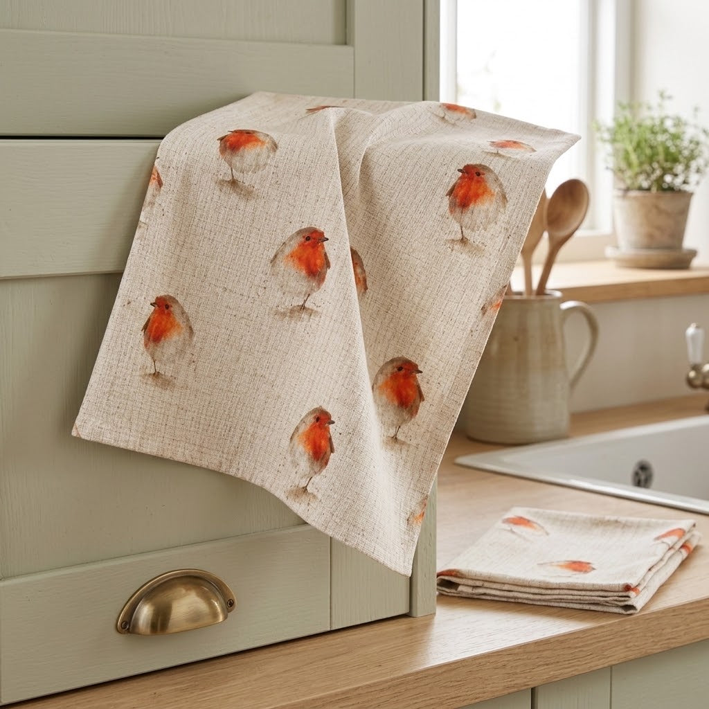 Christmas Robin Tea Towel – Natural Beige Linen Look Kitchen Towel