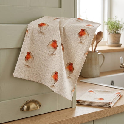 Christmas Robin Tea Towel – Natural Beige Linen Look Kitchen Towel