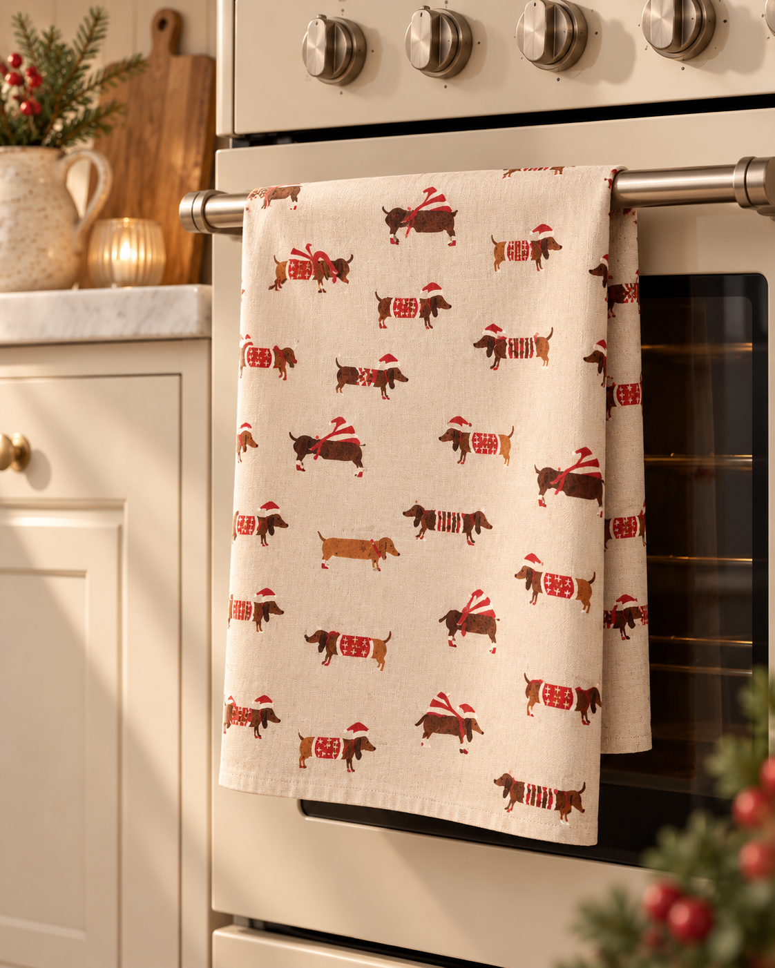 Christmas Dachshund Sausage Dog Tea Towel - Festive Kitchen Towel