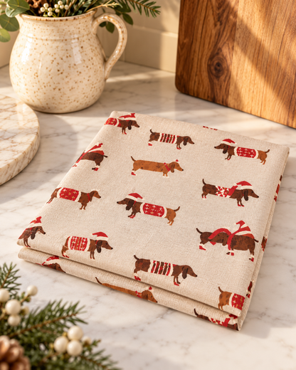 Christmas Dachshund Sausage Dog Tea Towel - Festive Kitchen Towel
