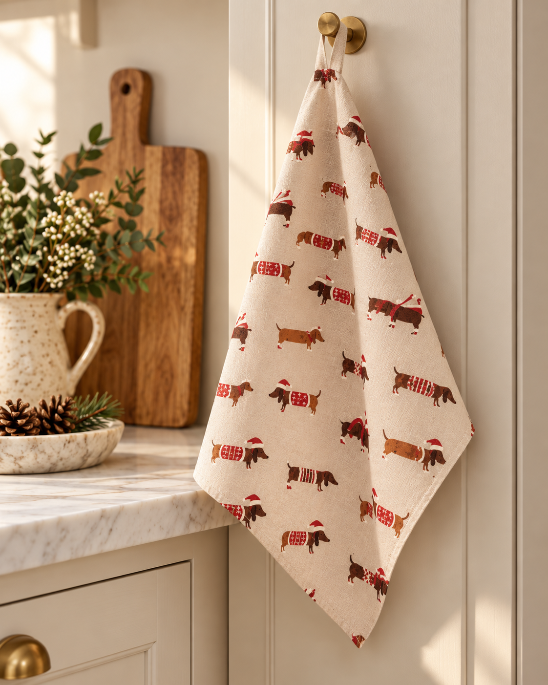 Christmas Dachshund Sausage Dog Tea Towel - Festive Kitchen Towel