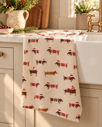 Christmas Dachshund Sausage Dog Tea Towel - Festive Kitchen Towel