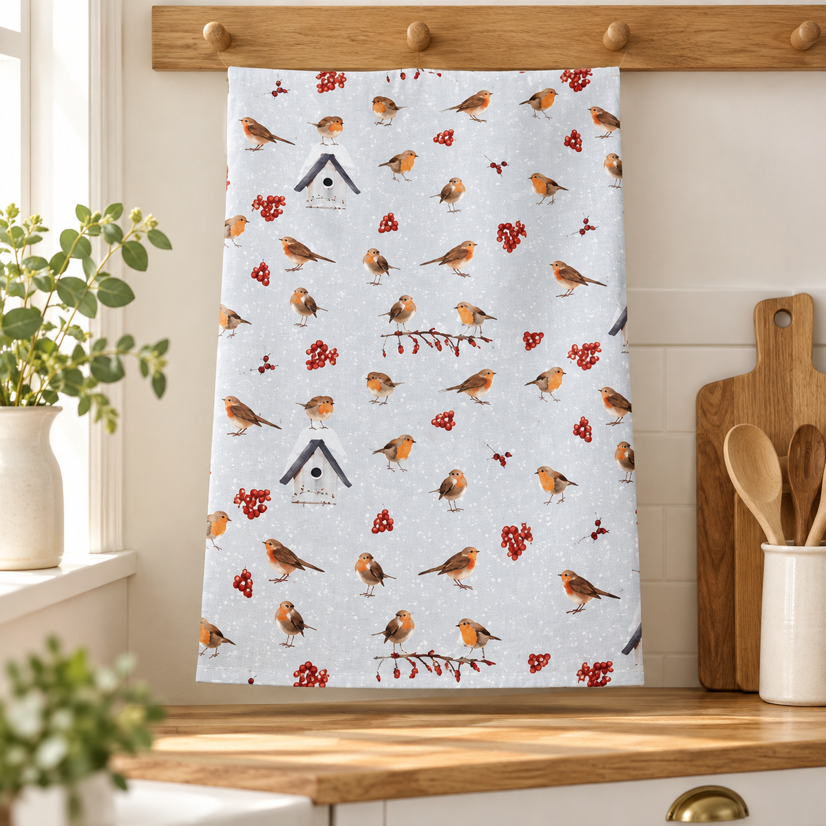 Winter Robin Christmas Tea Towel – Festive Bird & Berry Kitchen Towel