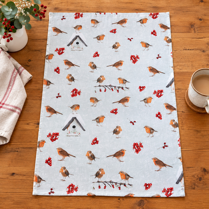 Winter Robin Christmas Tea Towel – Festive Bird & Berry Kitchen Towel
