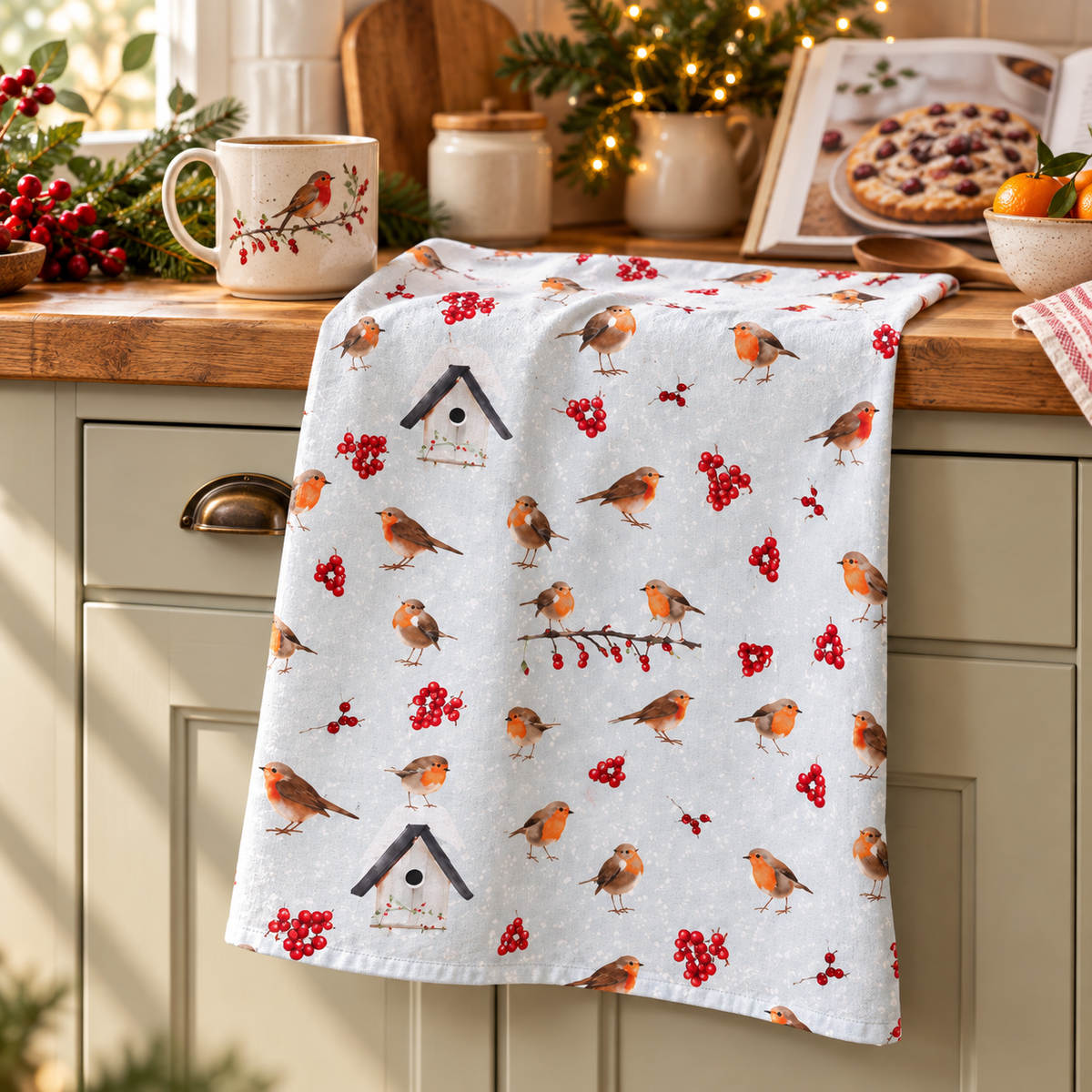 Winter Robin Christmas Tea Towel – Festive Bird & Berry Kitchen Towel